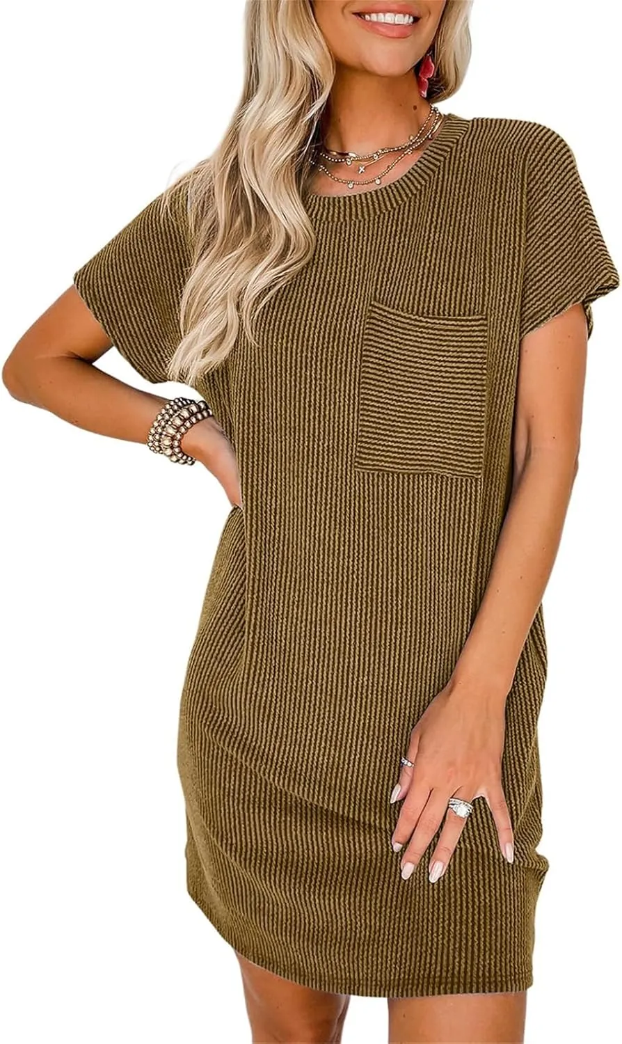 Summer Dresses for Women 2025 Short Sleeve Crew Neck Textured Mini Dress with Pocket Casual Beach Sundress