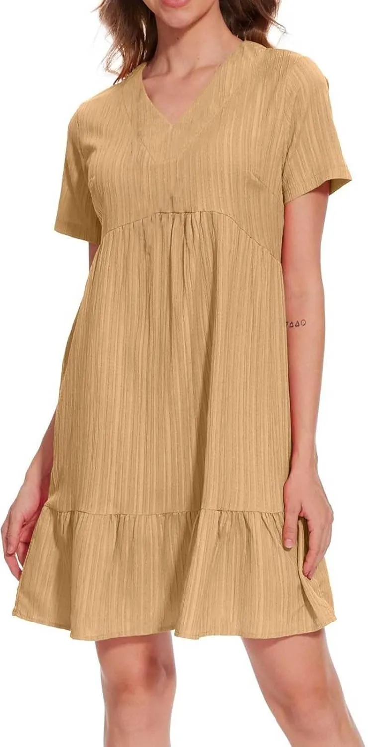 Summer Dresses for Women 2025 Vacation Short Sleeve v Neck Mini T Shirt Dress Pleated Ruffle Flowy Beach Sundresses