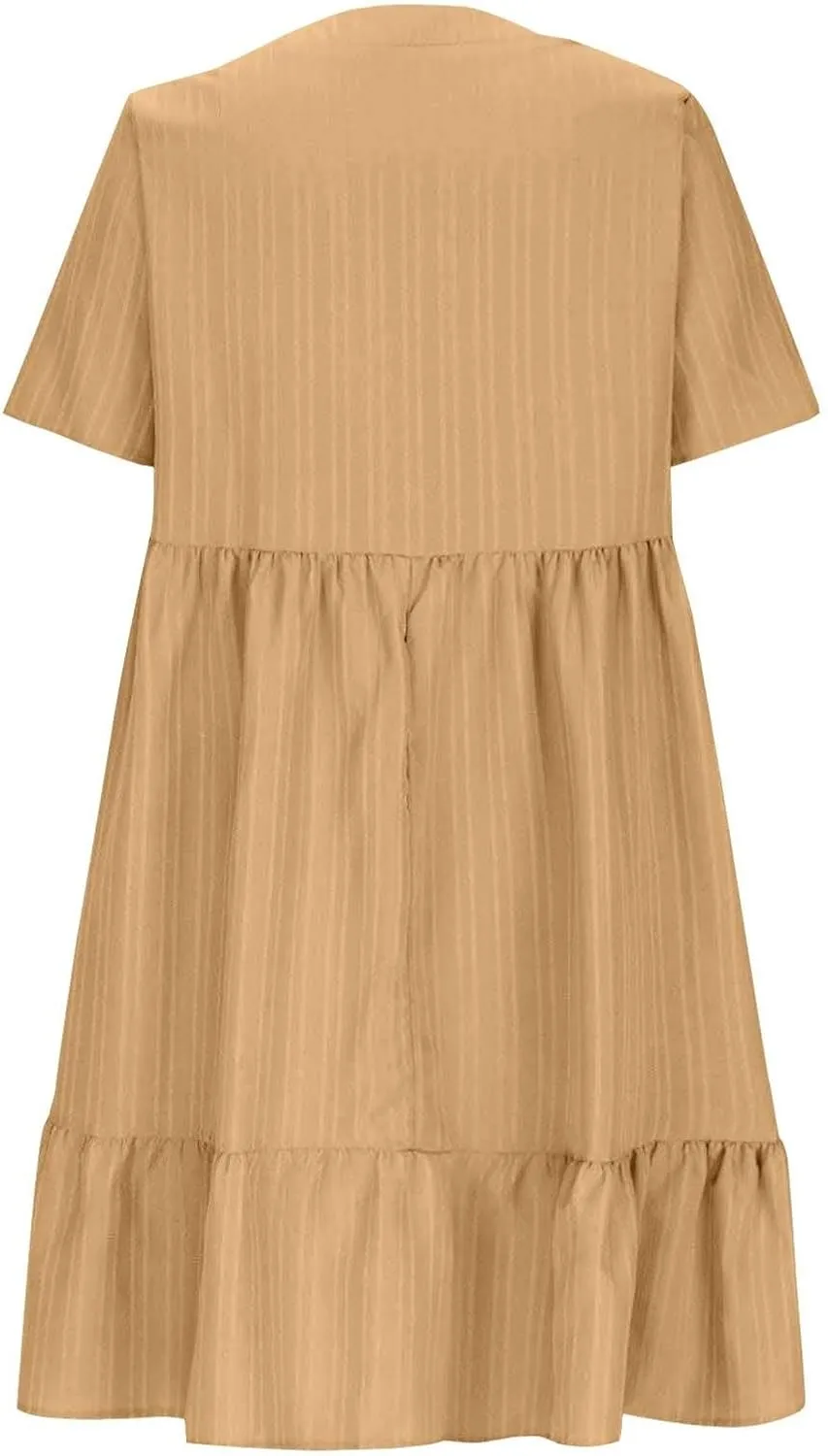 Summer Dresses for Women 2025 Vacation Short Sleeve v Neck Mini T Shirt Dress Pleated Ruffle Flowy Beach Sundresses