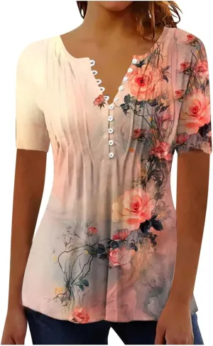 Summer Tops for Women 2025 Short Sleeve Button Down Shirts Casual Dressy Floral Shirt Boho Beach Vacation Blouses