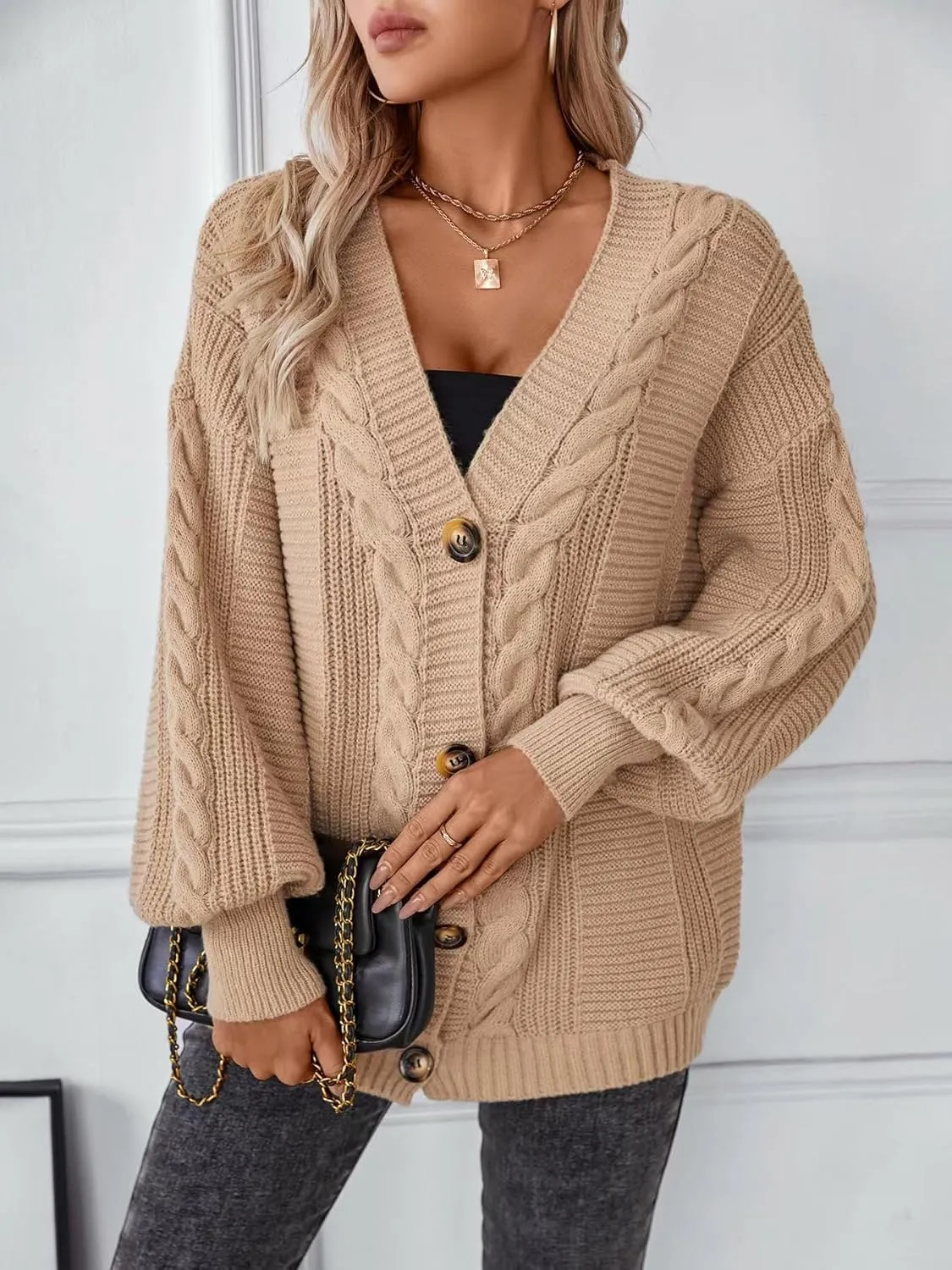 Sunfaynis Women's Oversized Cable Knit Sweaters Long Sleeve Open Front Button Down Chunky Cardigan Sweaters