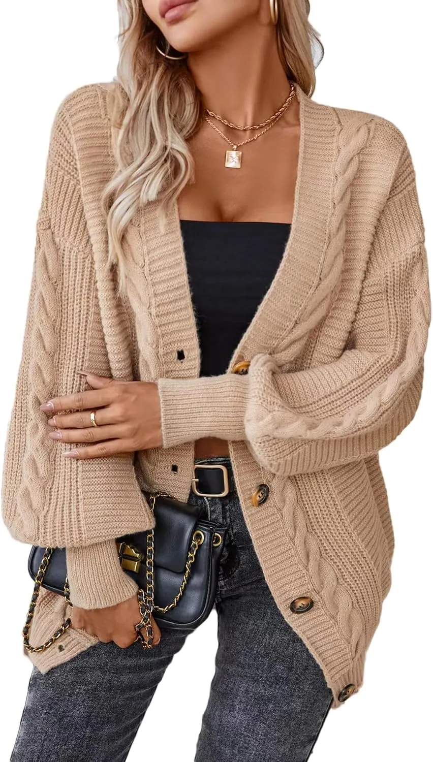 Sunfaynis Women's Oversized Cable Knit Sweaters Long Sleeve Open Front Button Down Chunky Cardigan Sweaters
