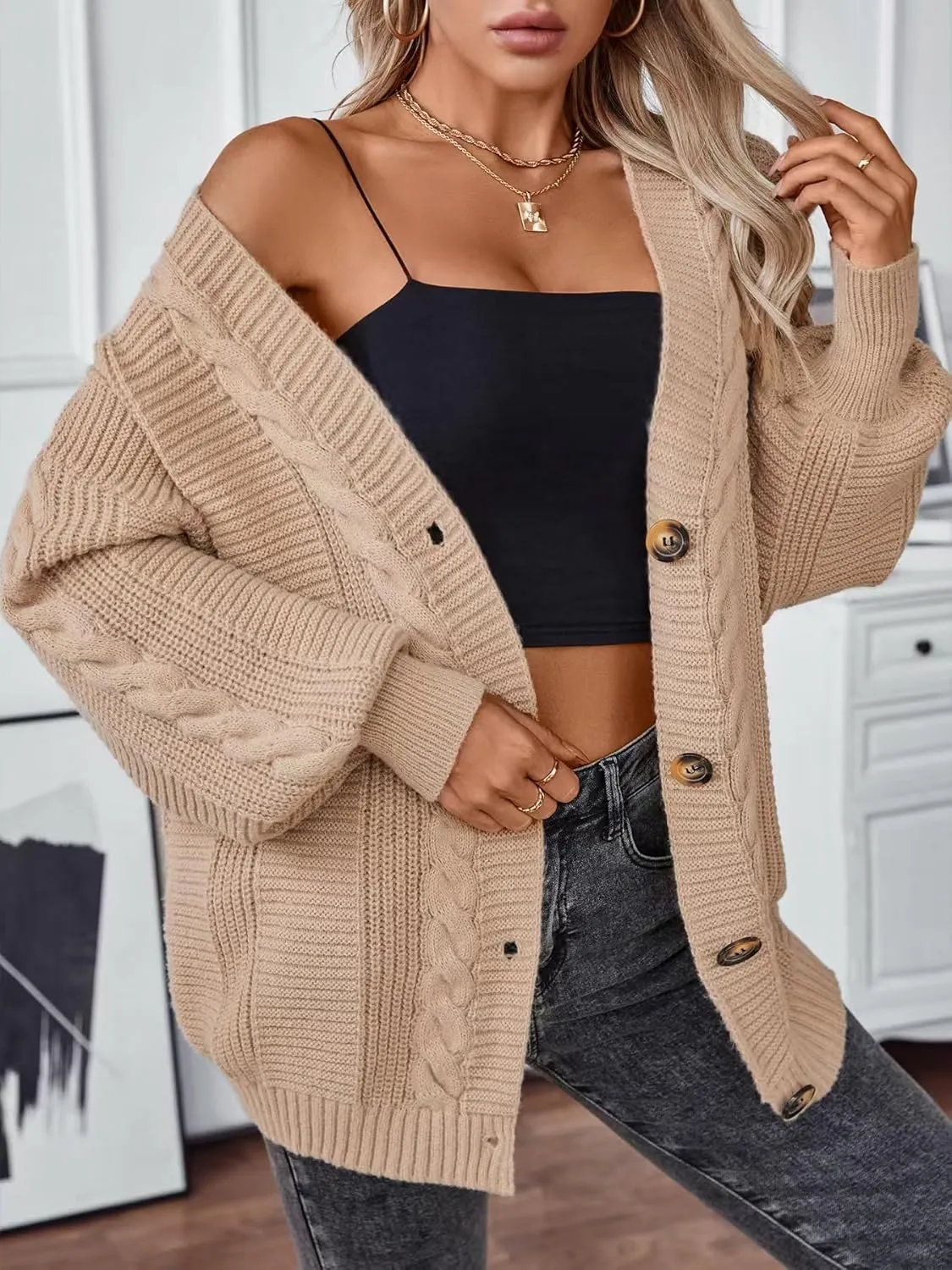 Sunfaynis Women's Oversized Cable Knit Sweaters Long Sleeve Open Front Button Down Chunky Cardigan Sweaters