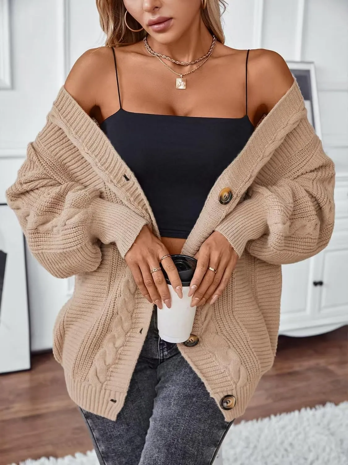 Sunfaynis Women's Oversized Cable Knit Sweaters Long Sleeve Open Front Button Down Chunky Cardigan Sweaters