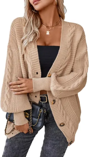 Sunfaynis Women's Oversized Cable Knit Sweaters Long Sleeve Open Front Button Down Chunky Cardigan Sweaters