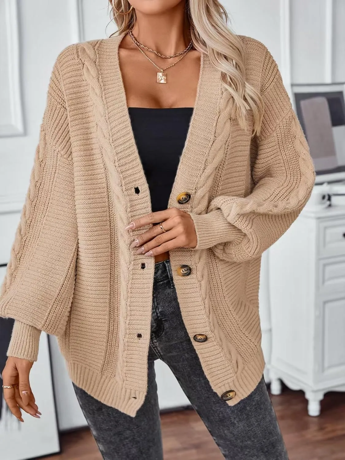 Sunfaynis Women's Oversized Cable Knit Sweaters Long Sleeve Open Front Button Down Chunky Cardigan Sweaters