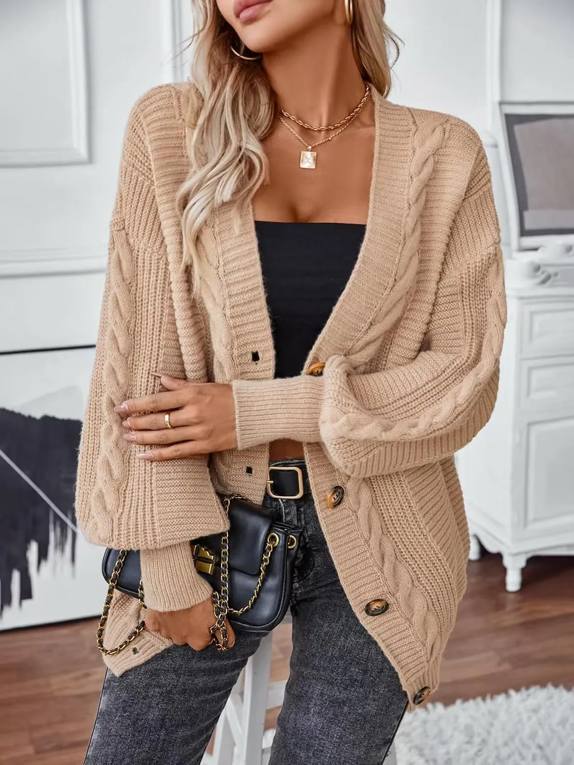 Sunfaynis Women's Oversized Cable Knit Sweaters Long Sleeve Open Front Button Down Chunky Cardigan Sweaters