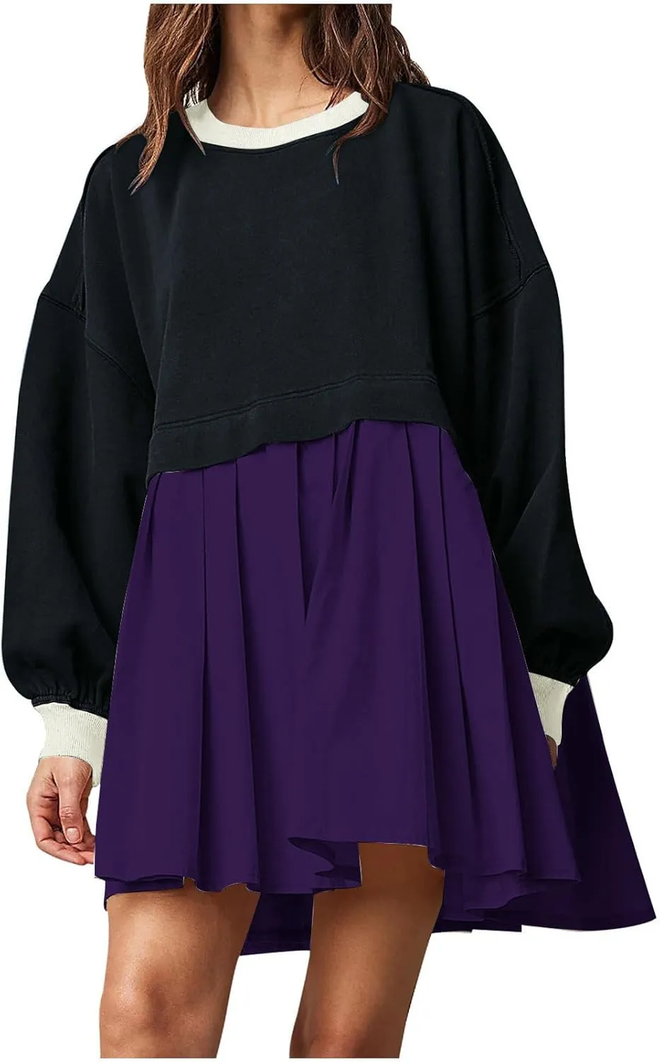 TANGNADE Women Oversized Sweatshirt Dress Long Sleeve Crewneck Patchwork Pleated Pullover Mini Dresses Fall Outfits 2024