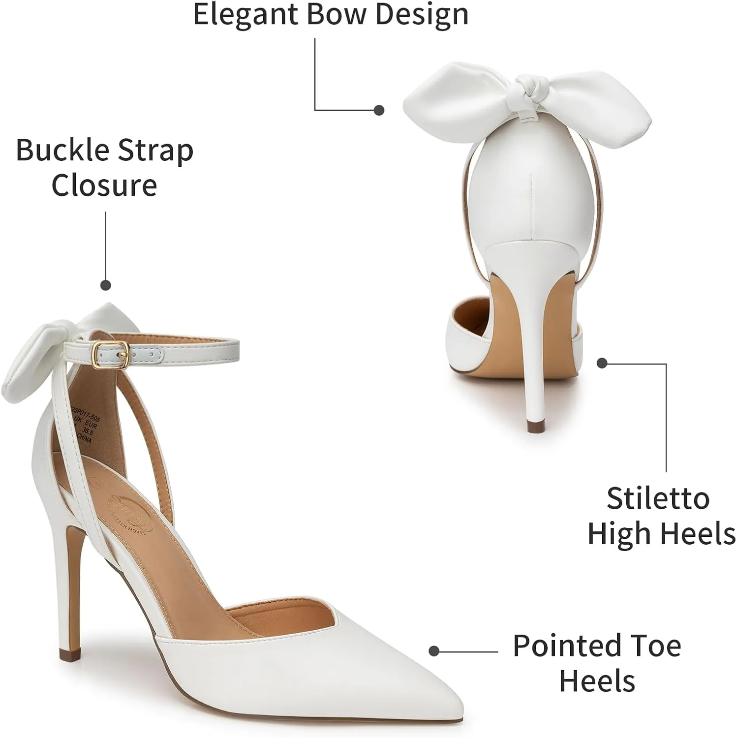 Trary Heels for Women Closed Pointed Toe Heels Women's Pumps Stiletto High Shoes with Bow Knot Comfortable Ankle Strap Office Party Wedding Dress Shoes 3.74" Heel