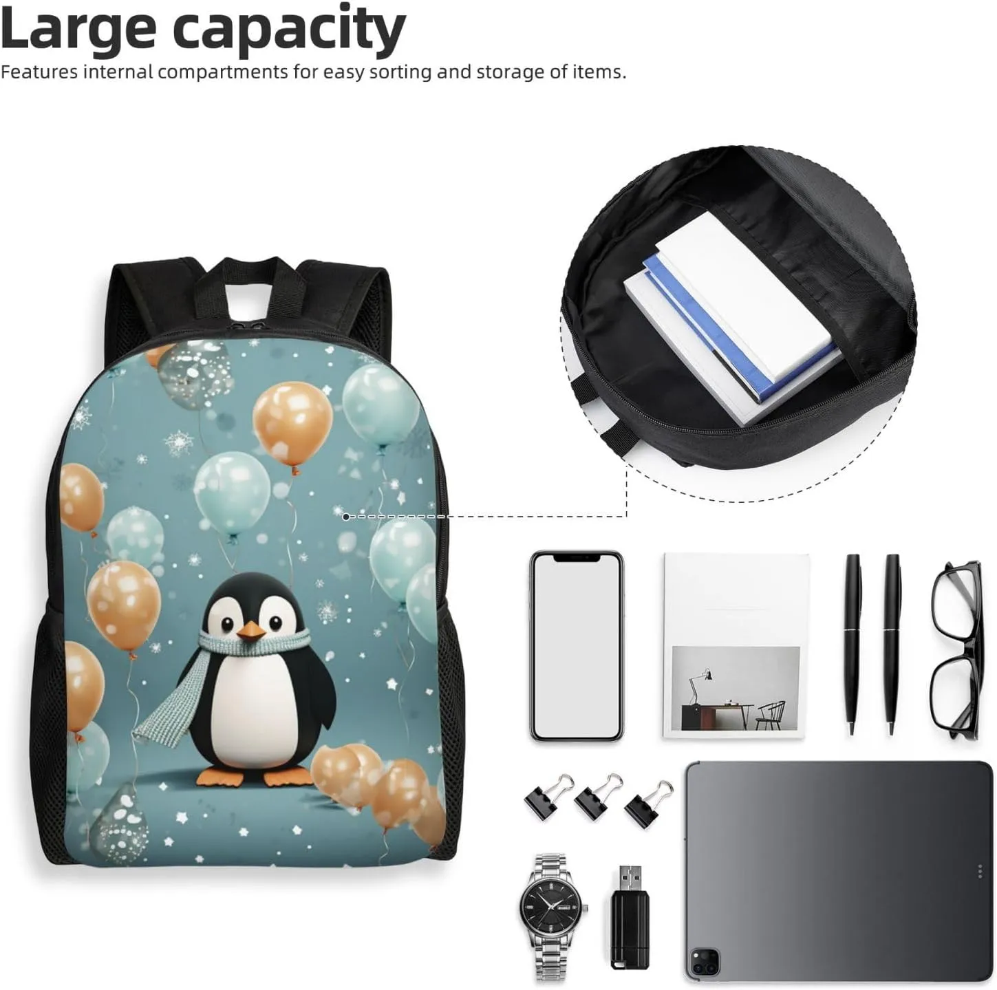 Travel Backpack Penguin Balloon Snowflake Carry on Backpack Lightweight Business 16inches Laptop Backpack for Men Women