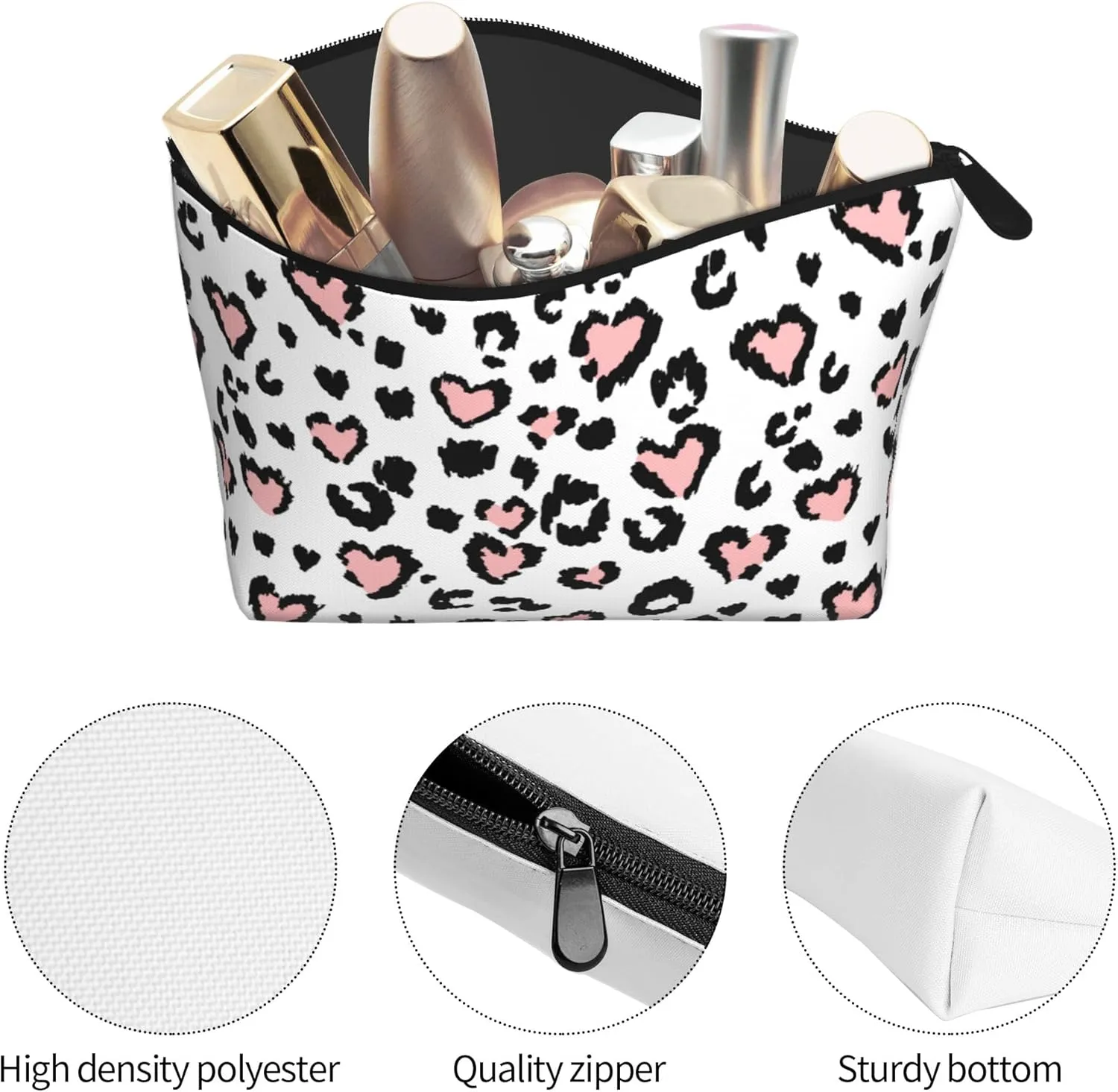 Unisex Toiletry Bags Casual Storage Bag Travel Small Makeup Pouch Leopard Print Cheetah Pink Heart Travel Bags For Best Friends Wife Mom Grandma