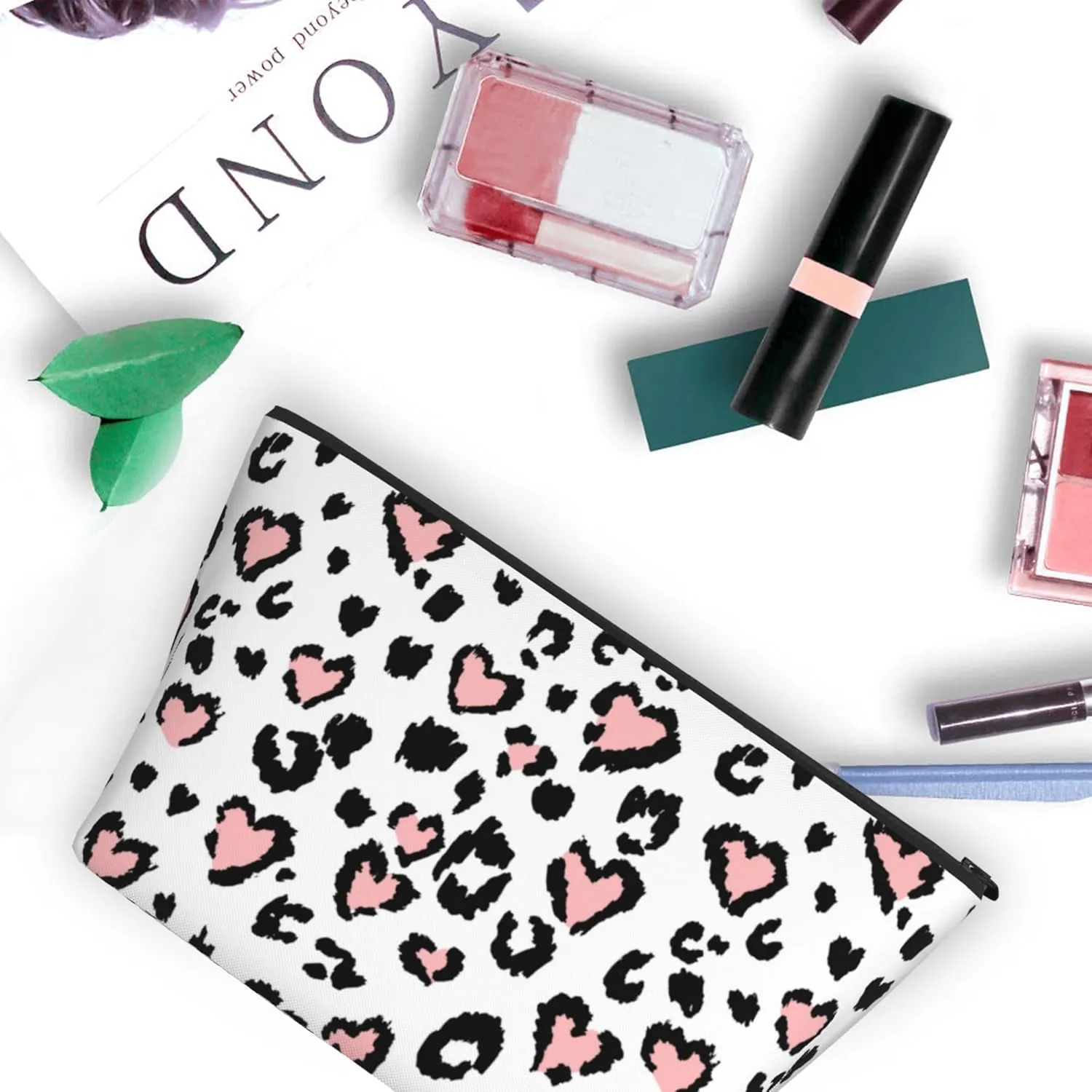 Unisex Toiletry Bags Casual Storage Bag Travel Small Makeup Pouch Leopard Print Cheetah Pink Heart Travel Bags For Best Friends Wife Mom Grandma