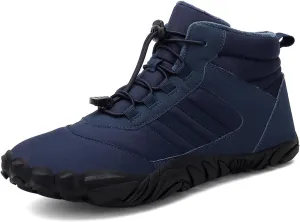 UZUJBAA Men's Winter Warm Wide Toe Barefoot Shoes,Waterproof Fur Lined Minimalist Zero Drop Non-Slip Sole Sneakers Hiking Walking Shoes Comfort Outdoor Ankle Booties with Adjustable Elastic Band