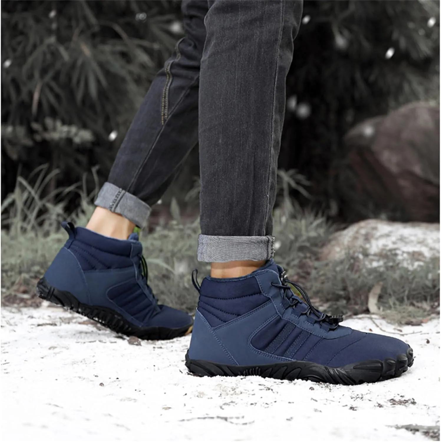 UZUJBAA Men's Winter Warm Wide Toe Barefoot Shoes,Waterproof Fur Lined Minimalist Zero Drop Non-Slip Sole Sneakers Hiking Walking Shoes Comfort Outdoor Ankle Booties with Adjustable Elastic Band