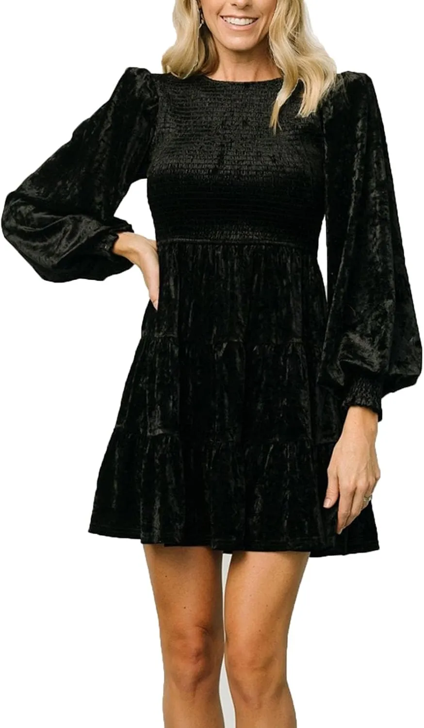 VIVICOLOR Women's Crushed Velvet Babydoll Mini Dress Smocked Velour Dress Tiered Ruffle A-Line Flowy Mini Dress