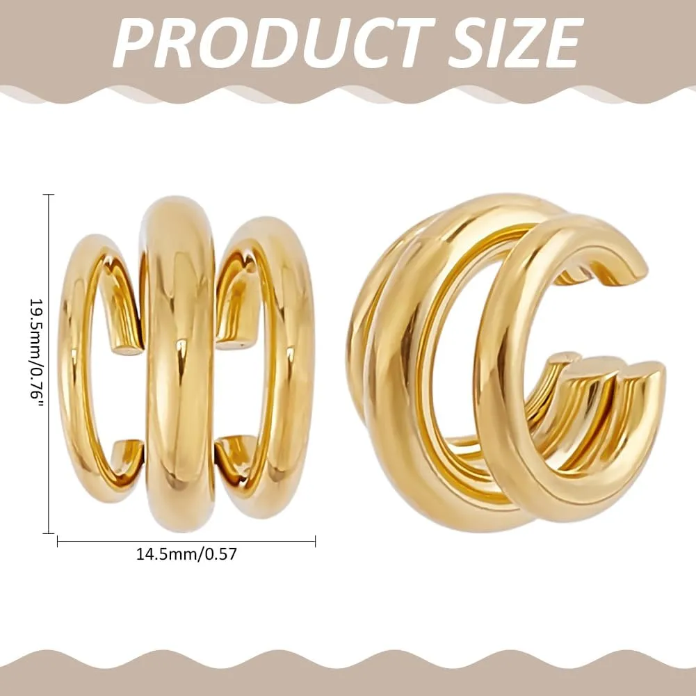 WADORN 18K Gold Plated Trendy Chunky Triple Ring Ear Cuffs, Stainless Steel Ear Cuff for Women Non Pierced Thick Clip-On Open Hoops Earrings for Women Cartilage Clip Cuff Earrings Jewelry