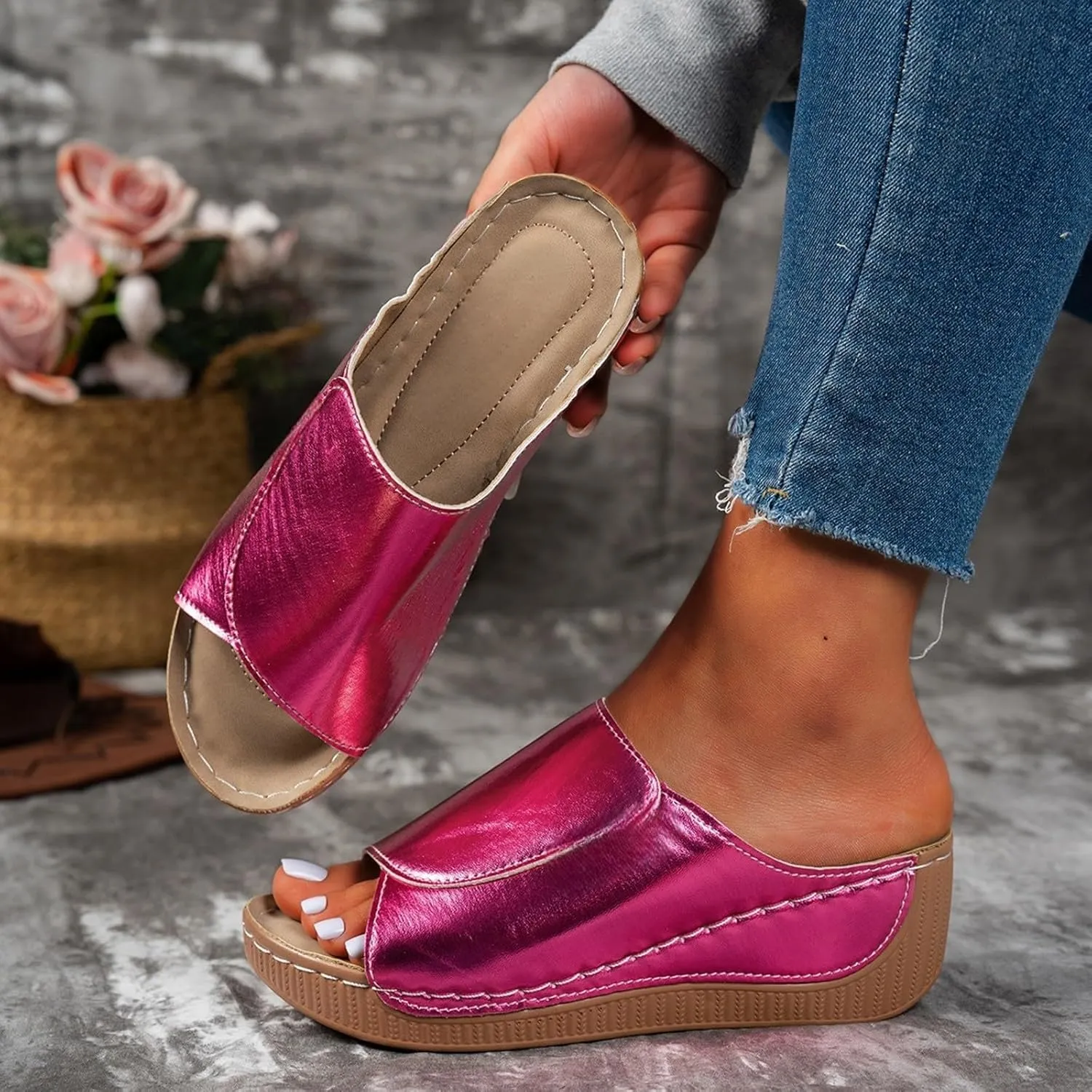 Wedge Sandals for Women 2025 Wide Width Orthopedic Arch Support Sandals Summer Breathable Slip on Slippers Boho Beach Platform Sandals