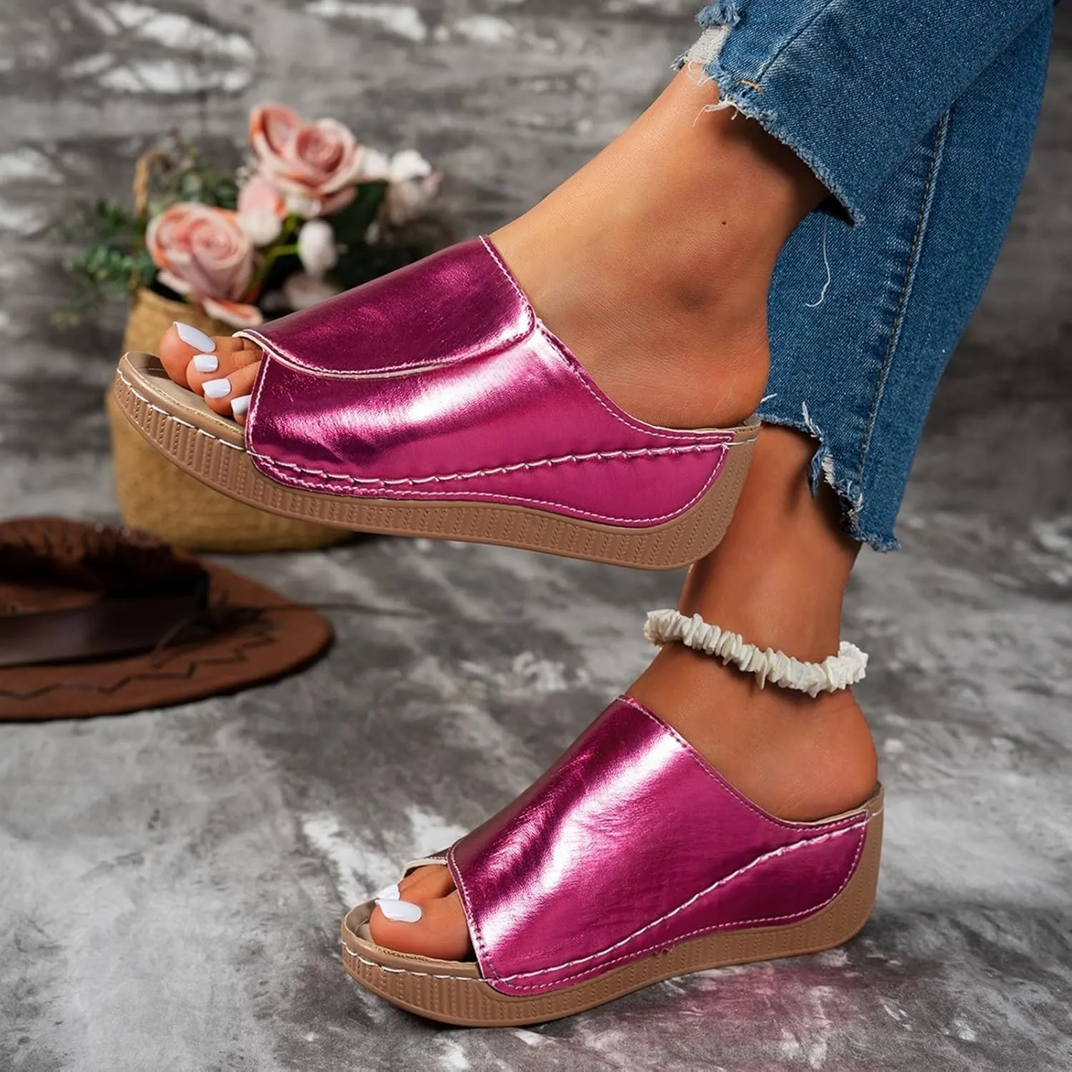 Wedge Sandals for Women 2025 Wide Width Orthopedic Arch Support Sandals Summer Breathable Slip on Slippers Boho Beach Platform Sandals