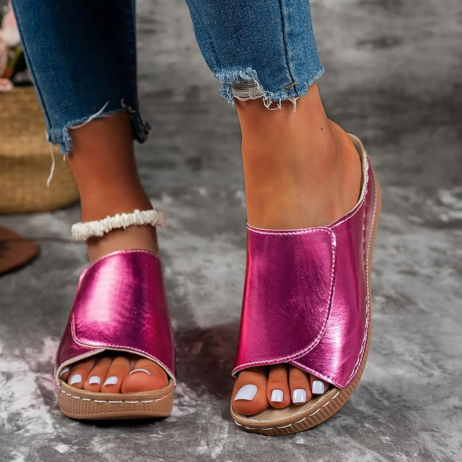 Wedge Sandals for Women 2025 Wide Width Orthopedic Arch Support Sandals Summer Breathable Slip on Slippers Boho Beach Platform Sandals