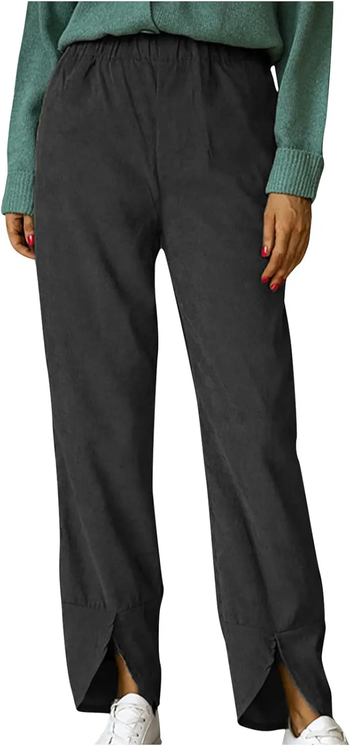 Wide Leg Pants Business Casual Straight Office Trousers for Women Solid Color Elastic Waist Curved Slit Lounge Pants