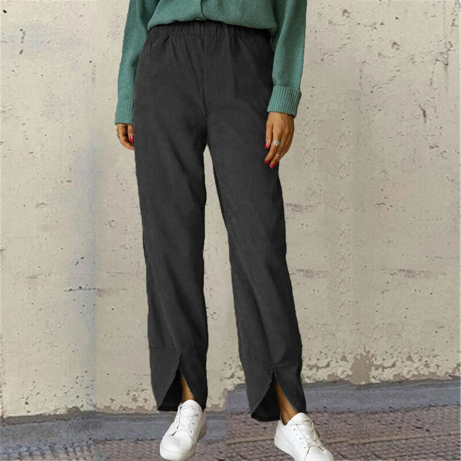 Wide Leg Pants Business Casual Straight Office Trousers for Women Solid Color Elastic Waist Curved Slit Lounge Pants