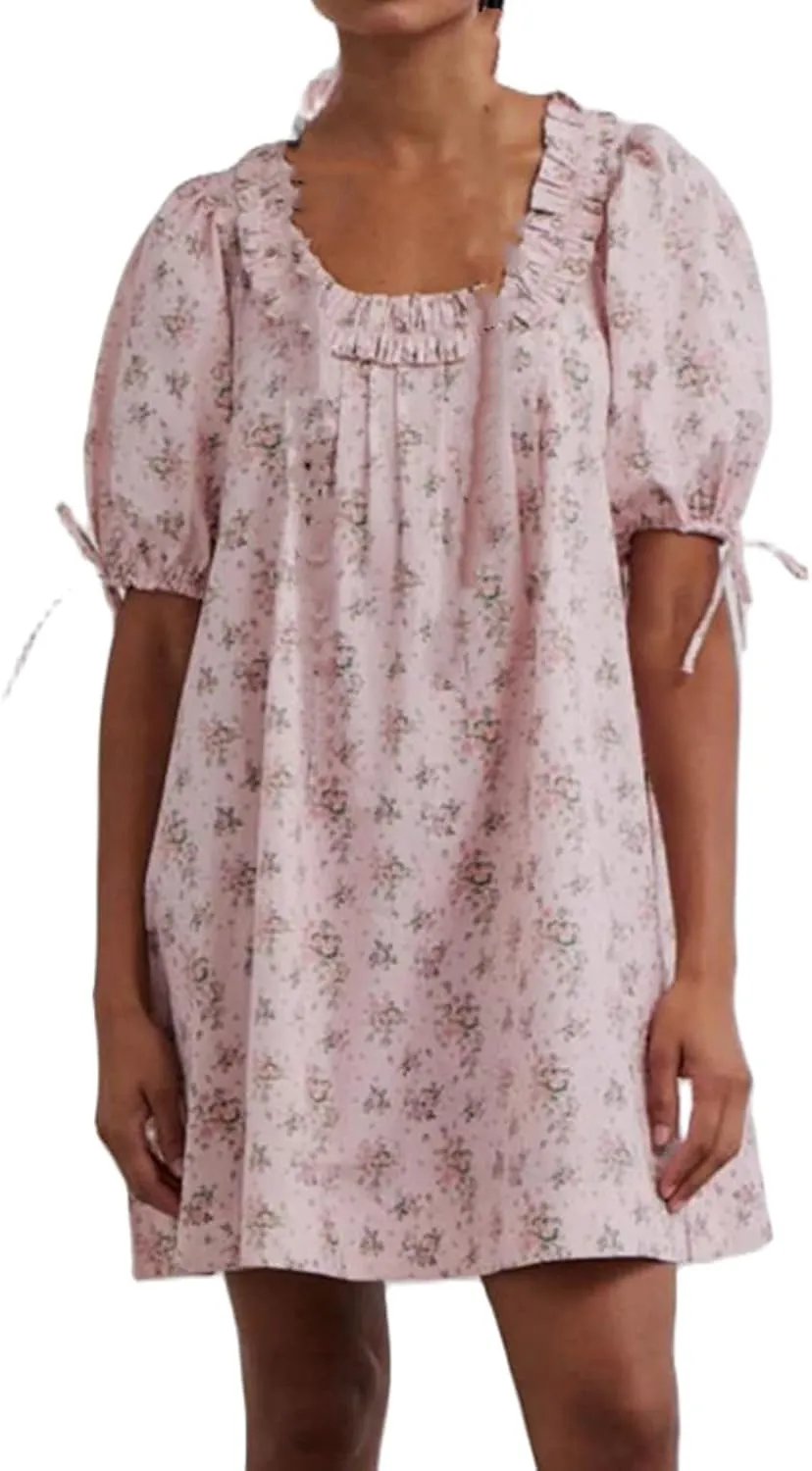 Women Babydoll Ruffle Mini Dress Y2k Puff Short Sleeve Square Neck Aline Loose Shift Vacation Beach Sun Dress