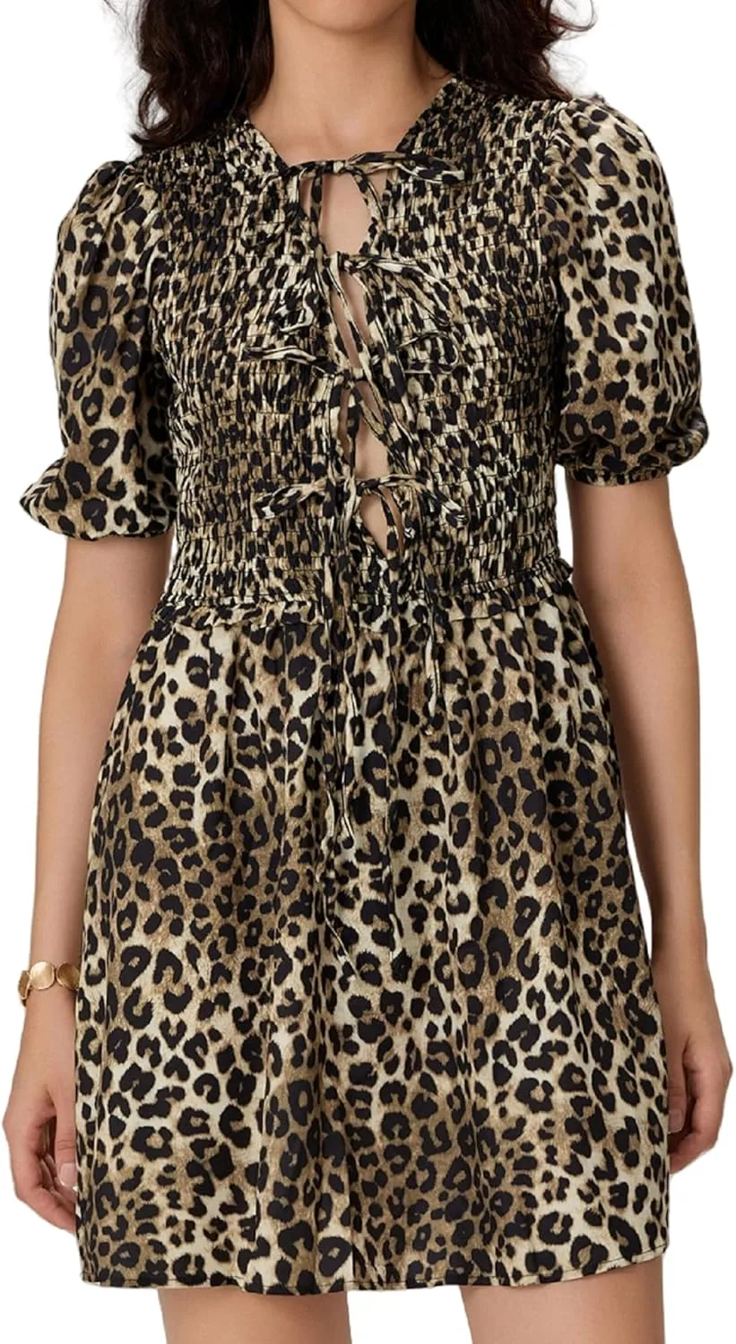 Women Boho Babydoll Short Dress Vintage Floral V Neck Mini Shirt Dress Bohemian Puff Sleeve Flowy Summer Sundress