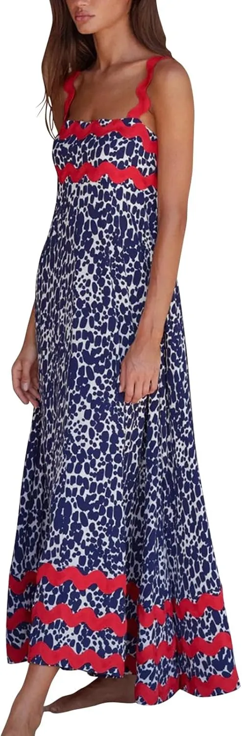 Women Boho Summer Dresses Vacation Spaghetti Strap Backless Trim Tiered A-Line Long Sundress Wedding Guest Dresses