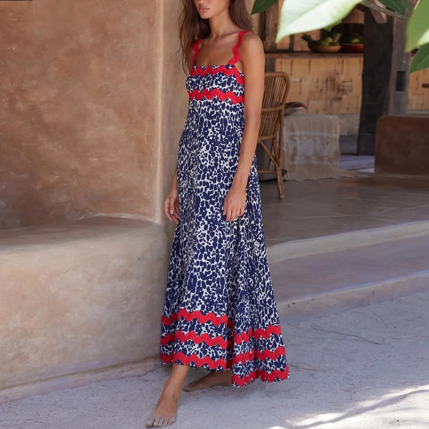 Women Boho Summer Dresses Vacation Spaghetti Strap Backless Trim Tiered A-Line Long Sundress Wedding Guest Dresses