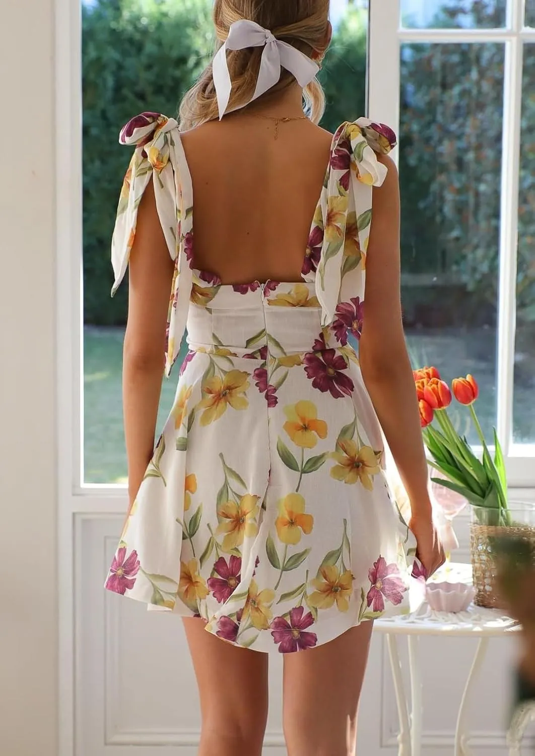 Women Boho Tie Shoulder Mini Dress Y2k Floral Spaghetti Strap Short Dress Flowy A Line Sundress Summer Streetwear