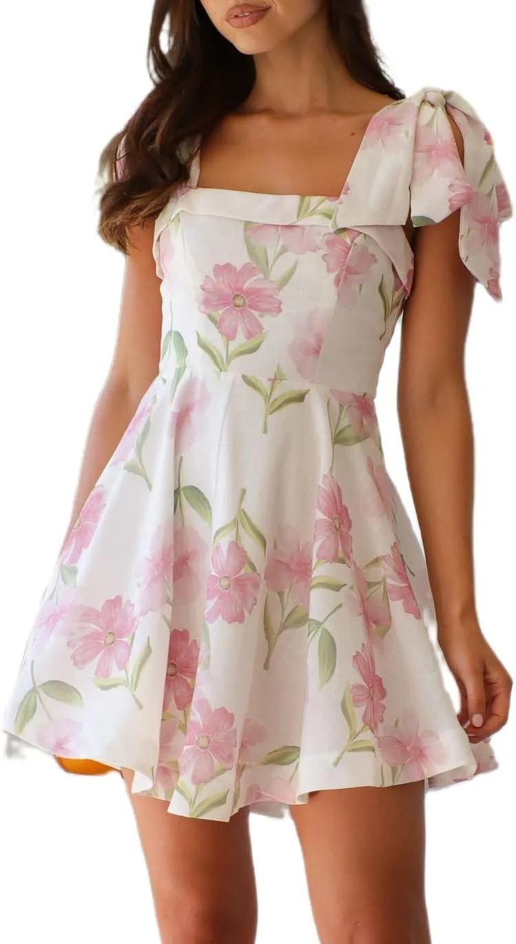 Women Boho Tie Shoulder Mini Dress Y2k Floral Spaghetti Strap Short Dress Flowy A Line Sundress Summer Streetwear