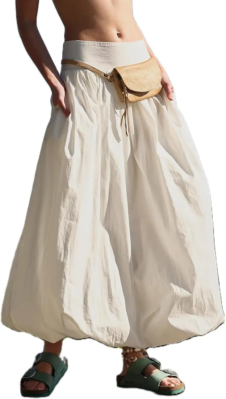 Women Bubble Long Skirt Y2k Flowy Swing A Line Maxi Skirt Cute Ruffle Pleated Midi Skirt Summer Balloon Skirt