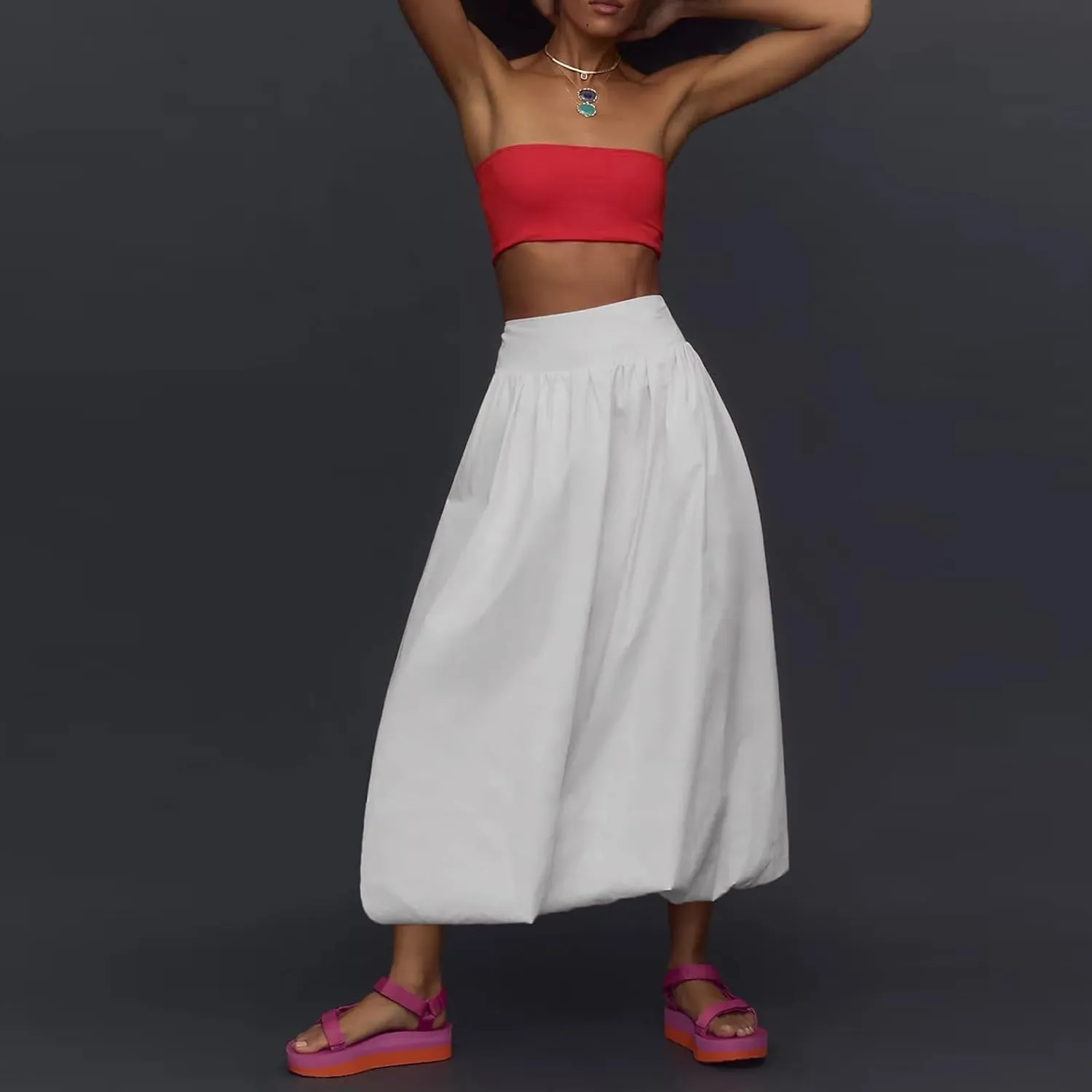 Women Bubble Maxi Skirt Casual Elastic Low Waist Flowy A Line Long Skirt Summer Ruffle Balloon Y2K Skirt