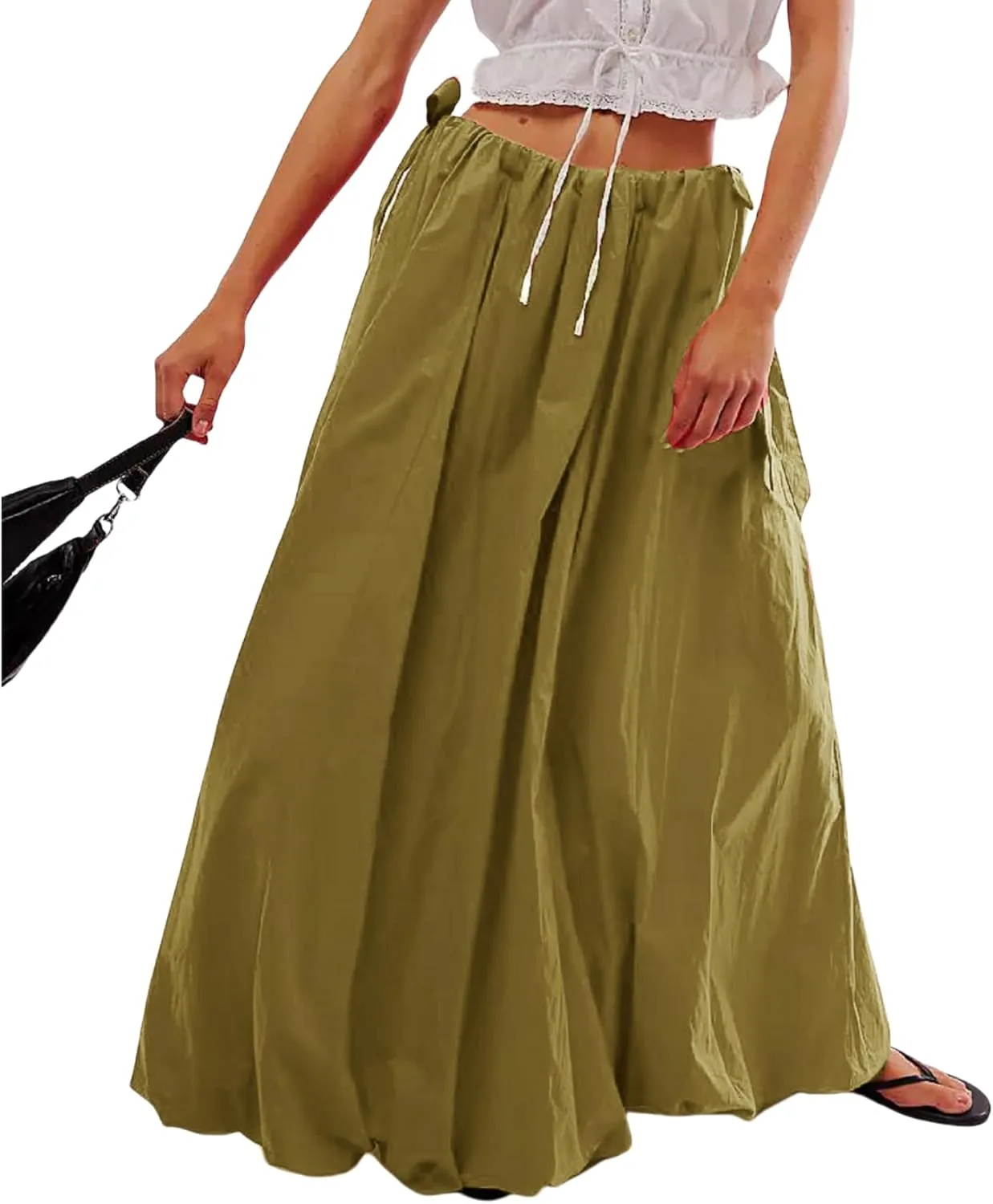Women Bubble Midi Maxi Skirt Y2k Low Waist Side Tie Bow Aline Long Skirt Vintage Pleated Balloon Skirt