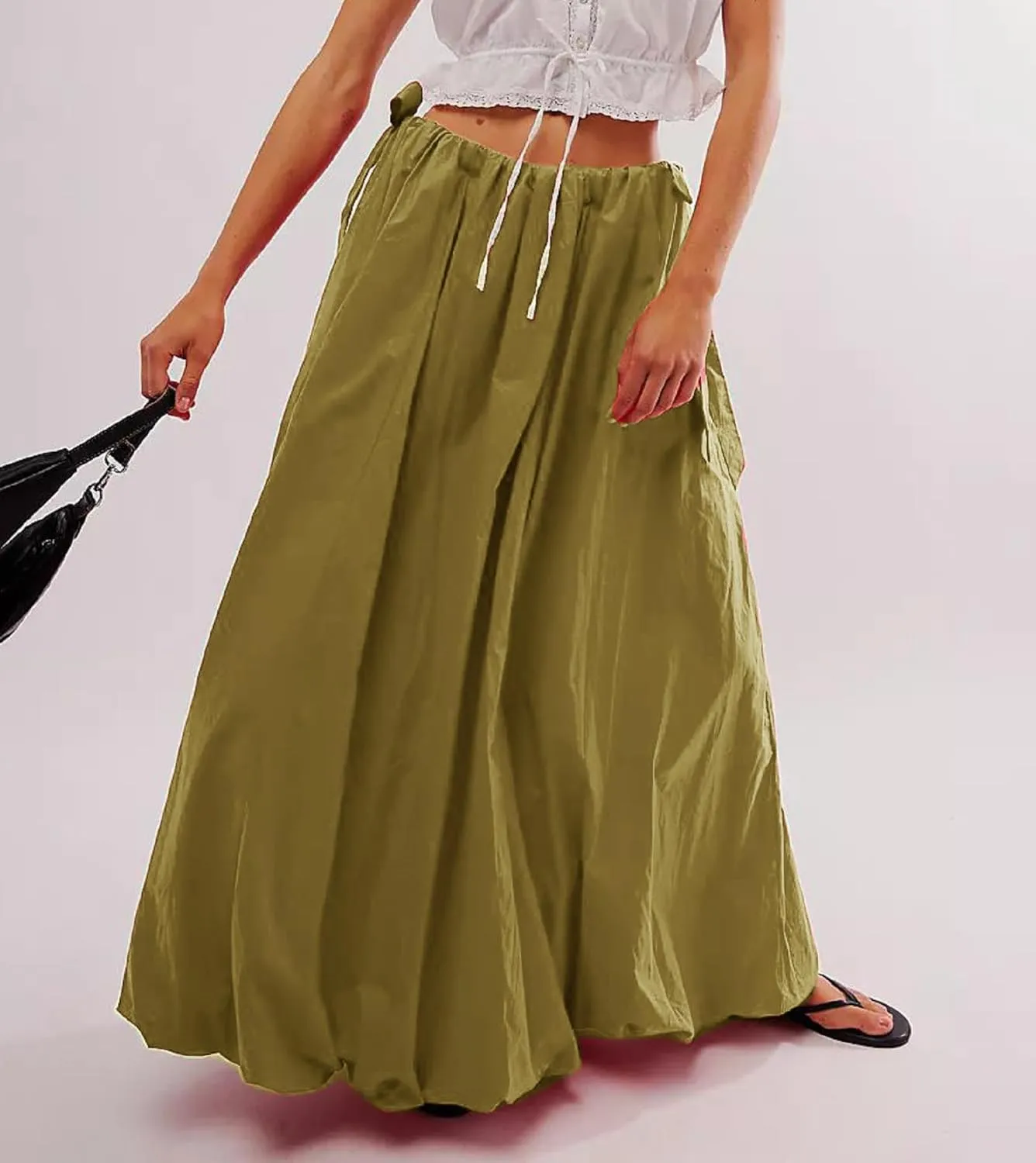 Women Bubble Midi Maxi Skirt Y2k Low Waist Side Tie Bow Aline Long Skirt Vintage Pleated Balloon Skirt