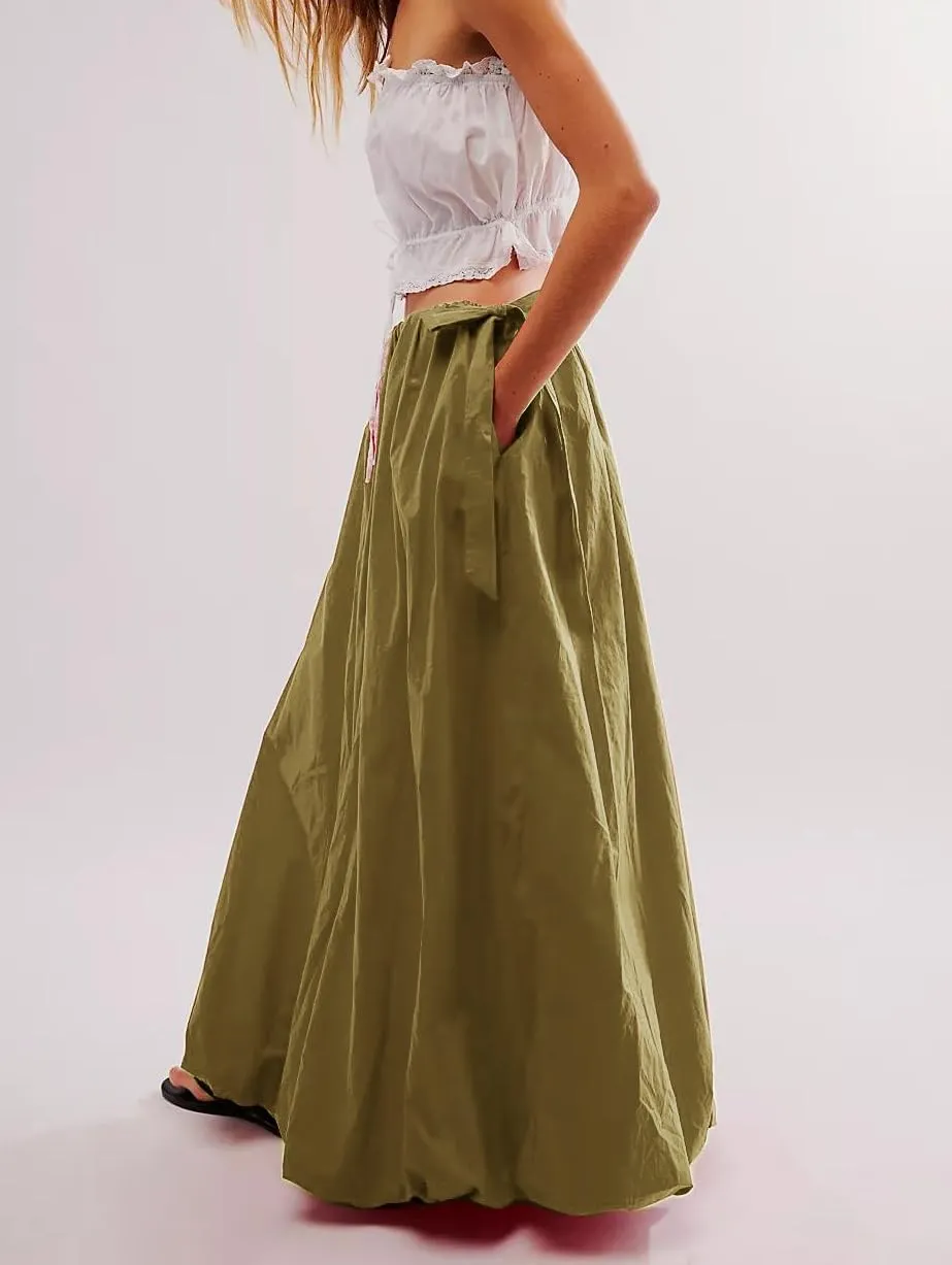 Women Bubble Midi Maxi Skirt Y2k Low Waist Side Tie Bow Aline Long Skirt Vintage Pleated Balloon Skirt
