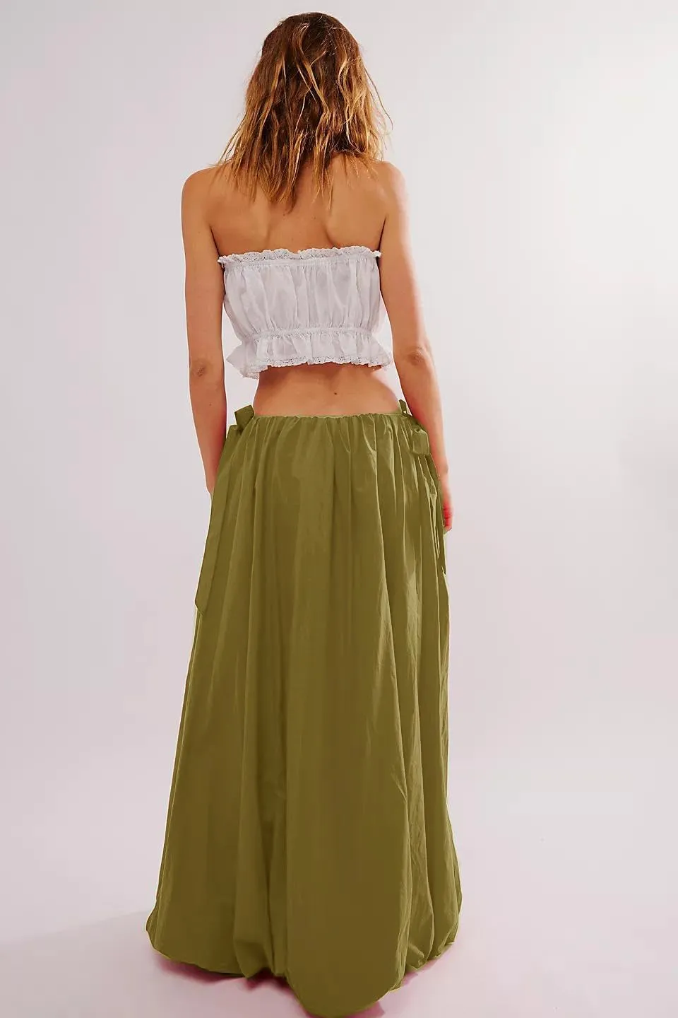 Women Bubble Midi Maxi Skirt Y2k Low Waist Side Tie Bow Aline Long Skirt Vintage Pleated Balloon Skirt