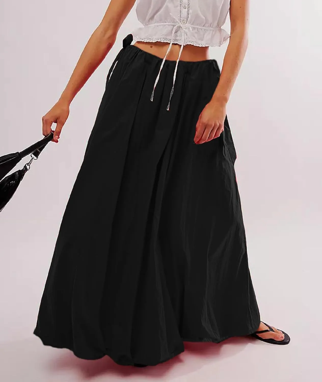 Women Bubble Midi Maxi Skirt Y2k Low Waist Side Tie Bow Aline Long Skirt Vintage Pleated Balloon Skirt