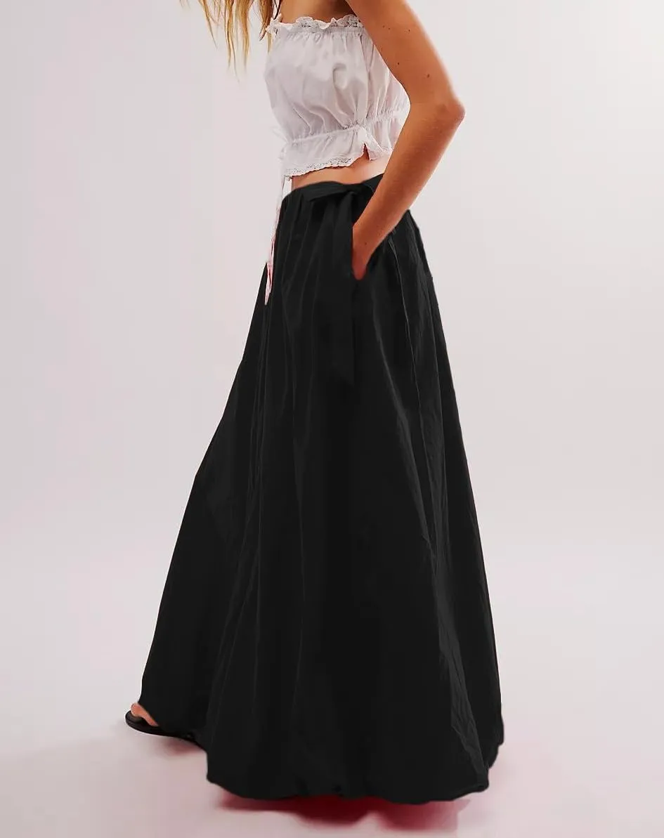 Women Bubble Midi Maxi Skirt Y2k Low Waist Side Tie Bow Aline Long Skirt Vintage Pleated Balloon Skirt
