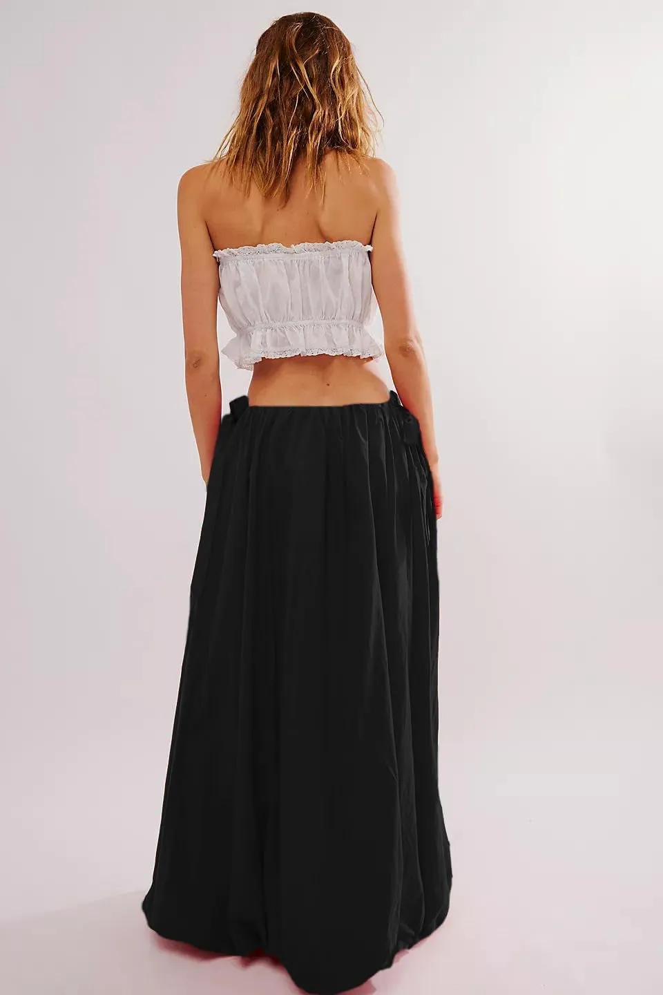 Women Bubble Midi Maxi Skirt Y2k Low Waist Side Tie Bow Aline Long Skirt Vintage Pleated Balloon Skirt