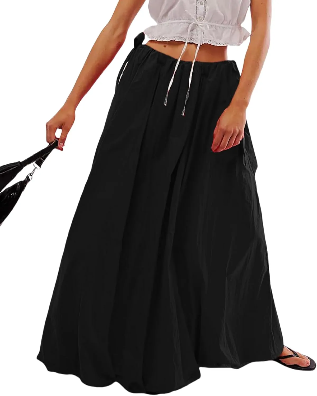 Women Bubble Midi Maxi Skirt Y2k Low Waist Side Tie Bow Aline Long Skirt Vintage Pleated Balloon Skirt
