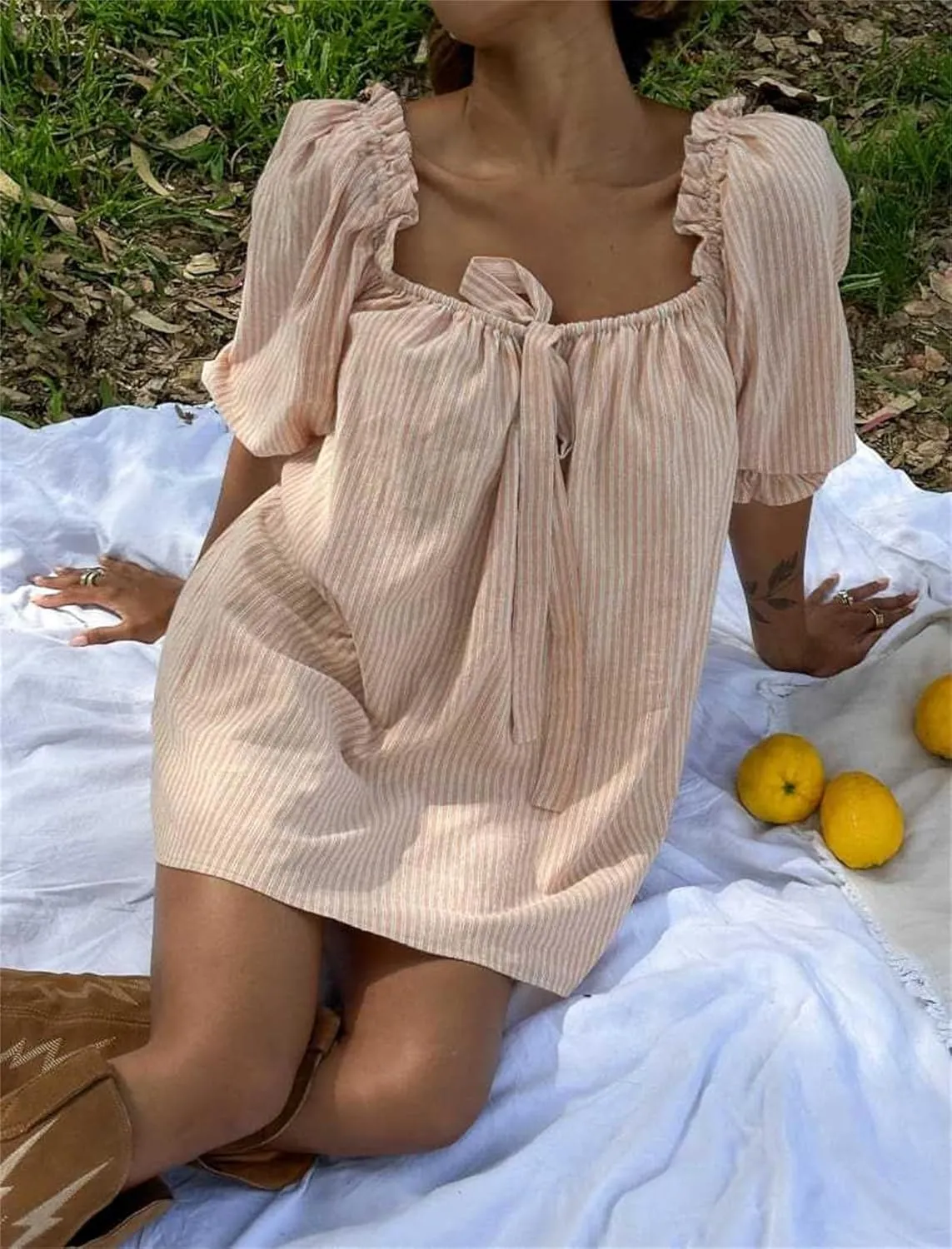 Women Cute Babydoll Mini Dress Puff Sleeve Bow Tie Cute Ruffle Shift Boho Floral Bow Square Neck Loose Sundress