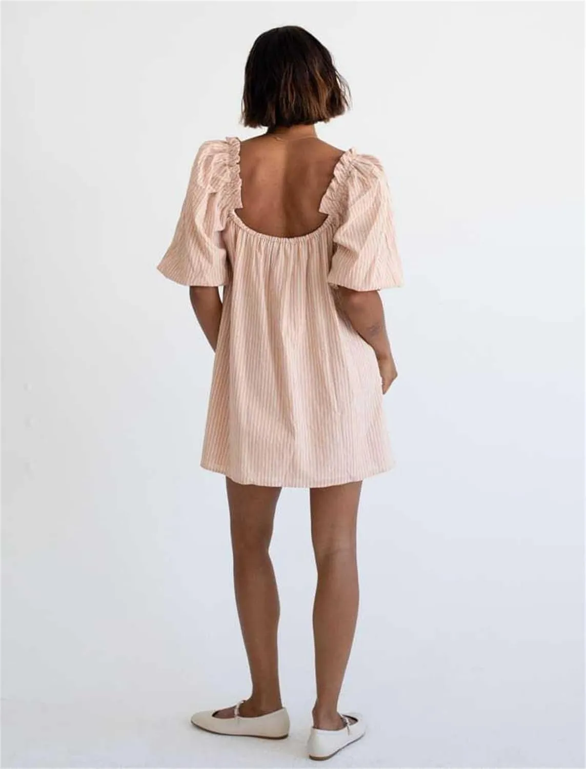 Women Cute Babydoll Mini Dress Puff Sleeve Bow Tie Cute Ruffle Shift Boho Floral Bow Square Neck Loose Sundress