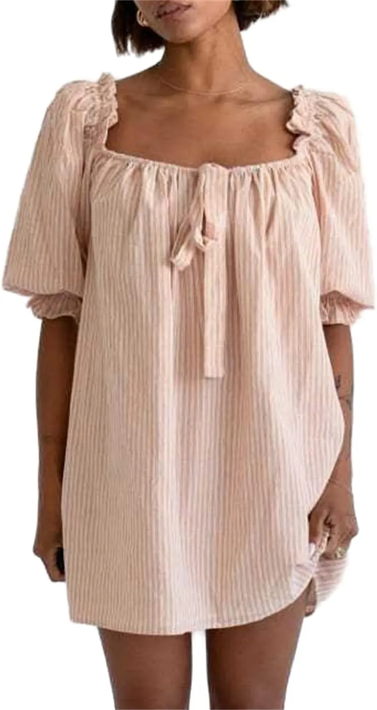 Women Cute Babydoll Mini Dress Puff Sleeve Bow Tie Cute Ruffle Shift Boho Floral Bow Square Neck Loose Sundress