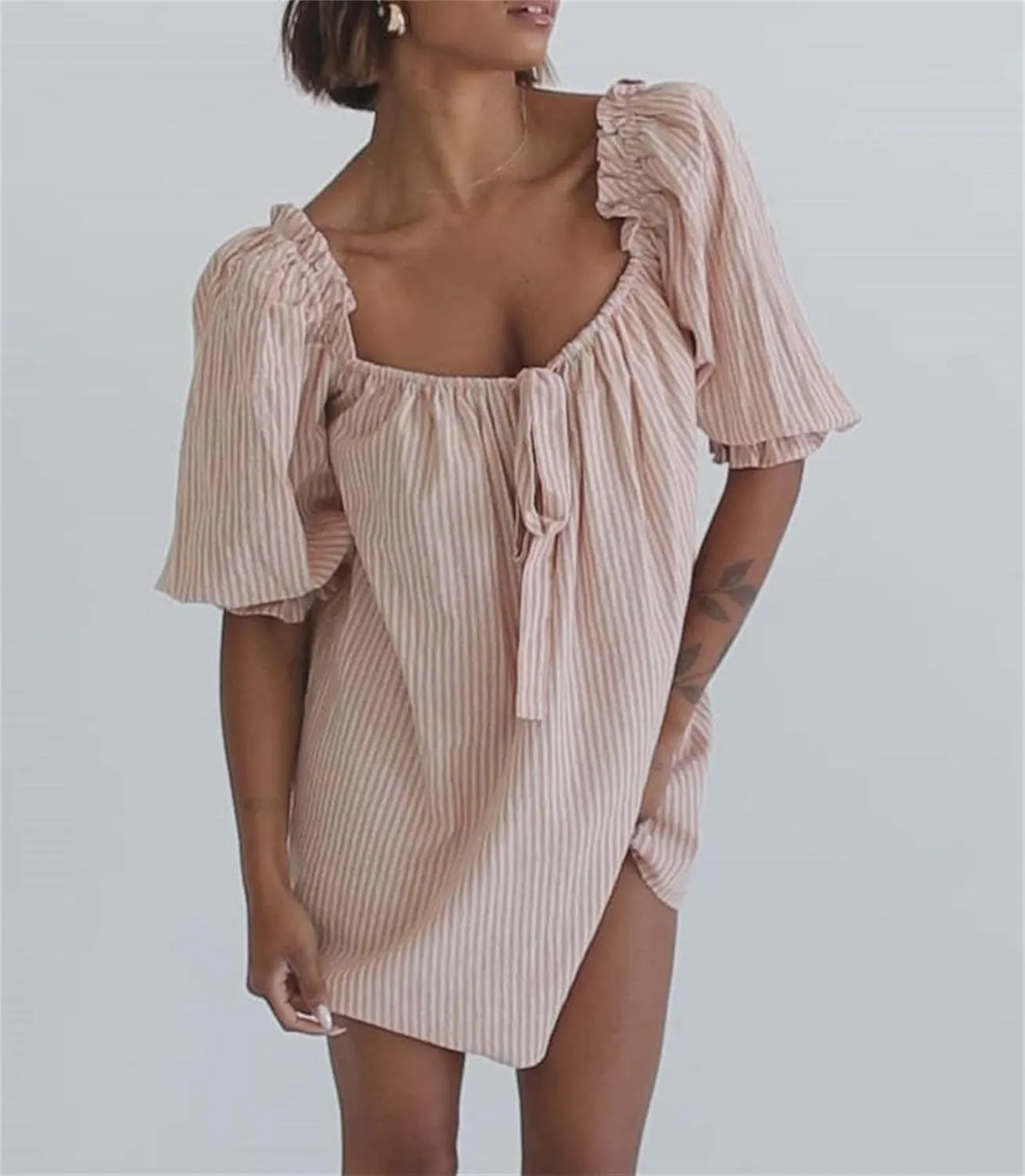 Women Cute Babydoll Mini Dress Puff Sleeve Bow Tie Cute Ruffle Shift Boho Floral Bow Square Neck Loose Sundress