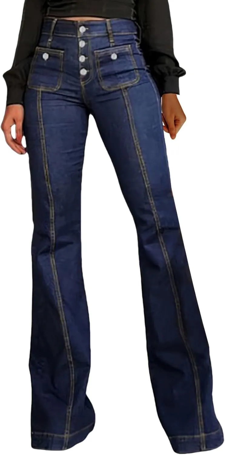 Women Dress Jeans High Waist Front Button Straight Leg Trousers Casual Slim Fit Business Work Office Pant with Pocket