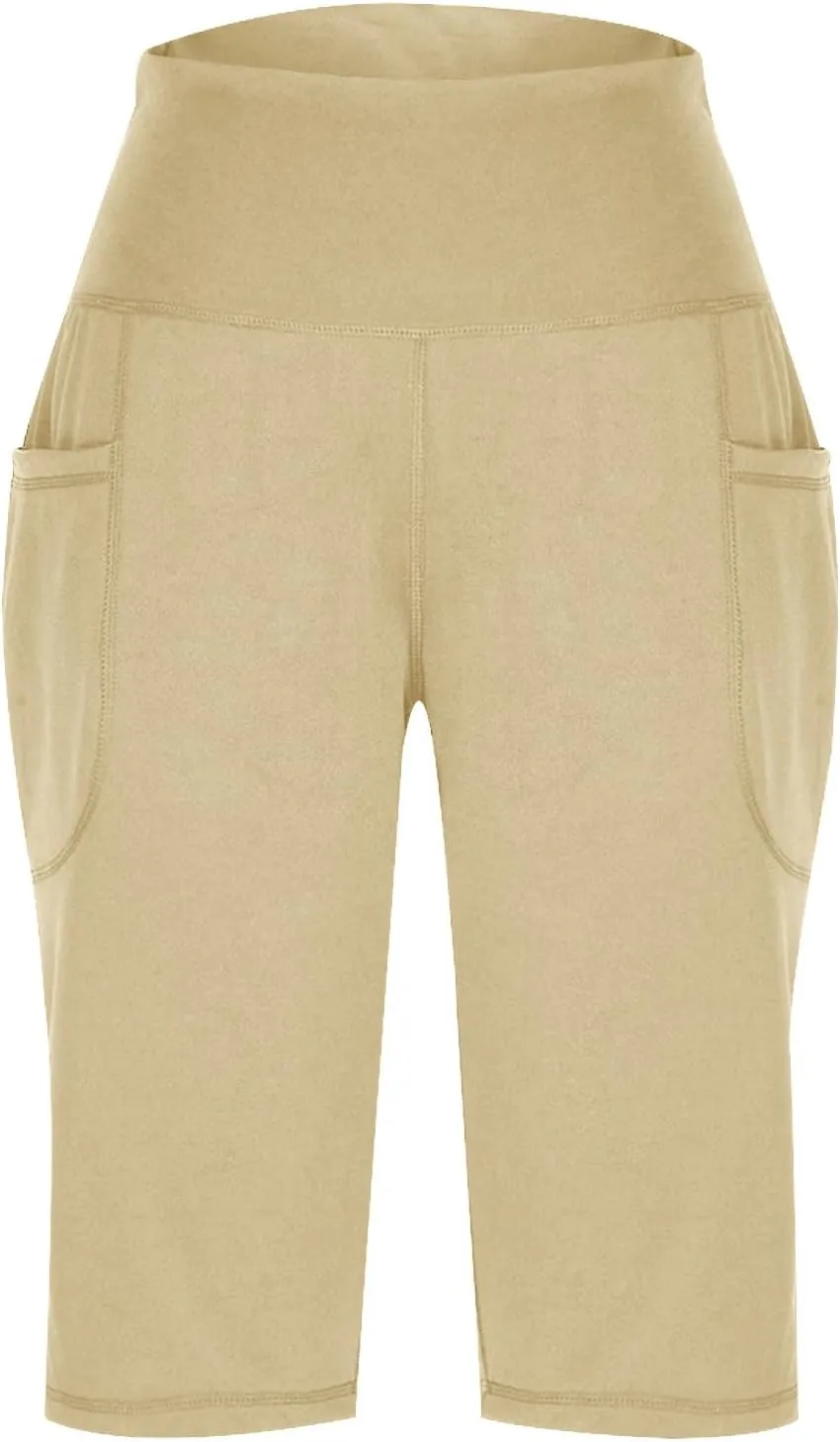 Women Elastic Waist Pocket Half Shorts Pants Casual Stretchy Stylish Yoga Trousers Breathable Shorts for Summer