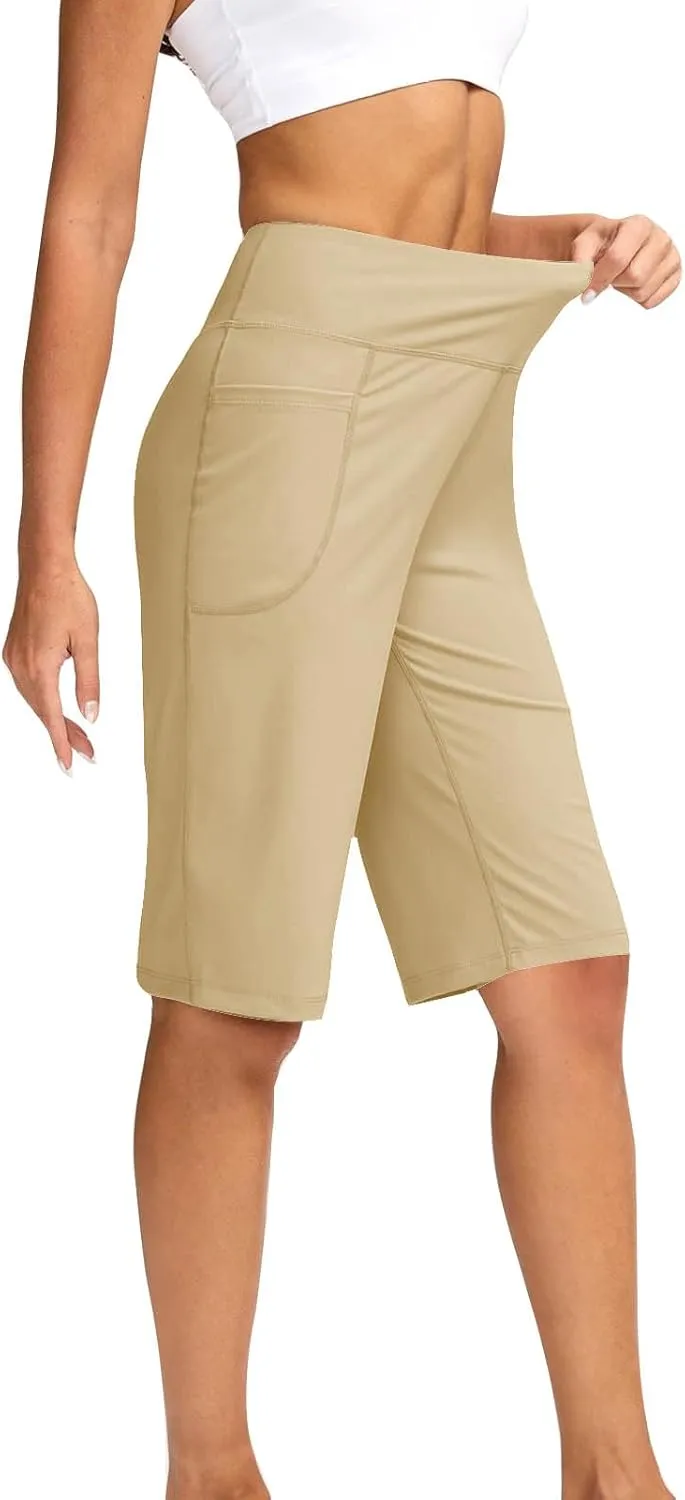 Women Elastic Waist Pocket Half Shorts Pants Casual Stretchy Stylish Yoga Trousers Breathable Shorts for Summer
