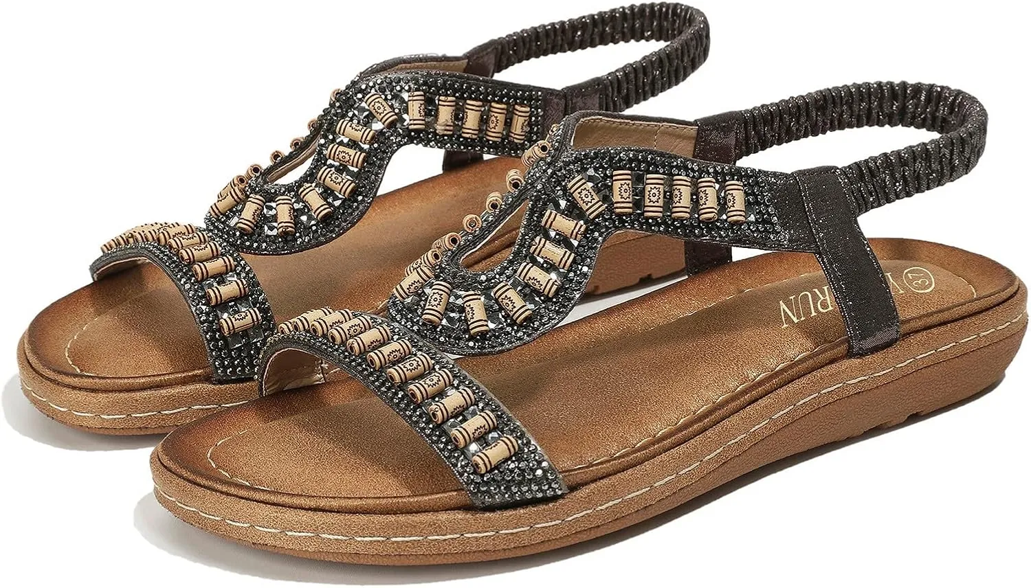 Women Flat Sandals Summer Boho Rhinestone Dress Shoes Comfortable Open Toe Elastic Bling Summer Sandals for Women