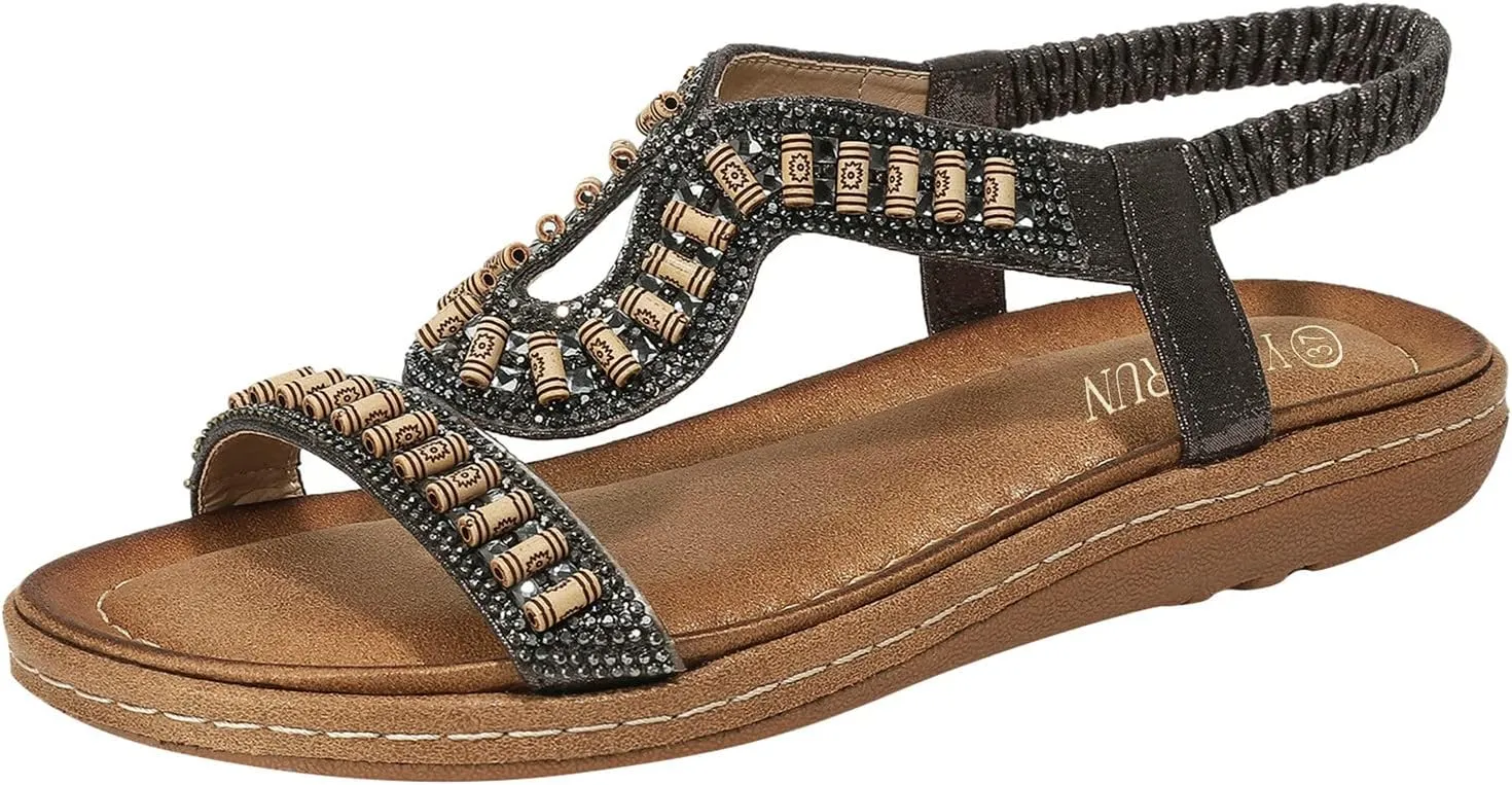 Women Flat Sandals Summer Boho Rhinestone Dress Shoes Comfortable Open Toe Elastic Bling Summer Sandals for Women